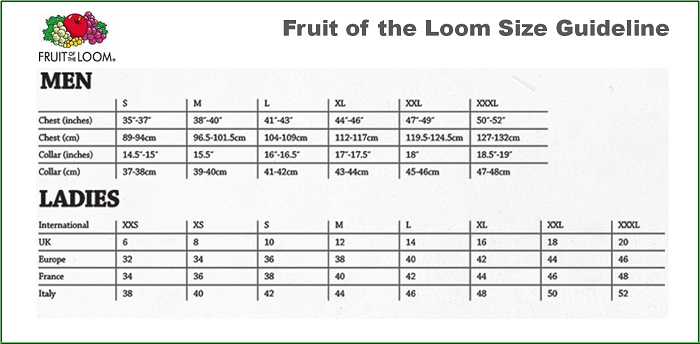 Fruit of the Loom size chart